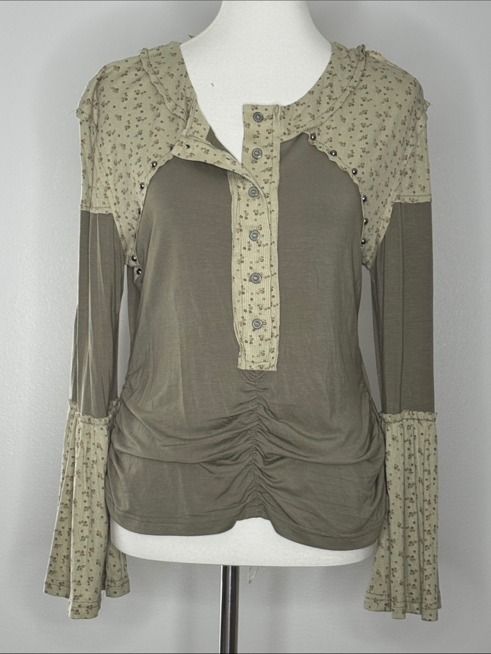 POL Olive Green Studded Floral-Trim Ruffle Soft Henley Top